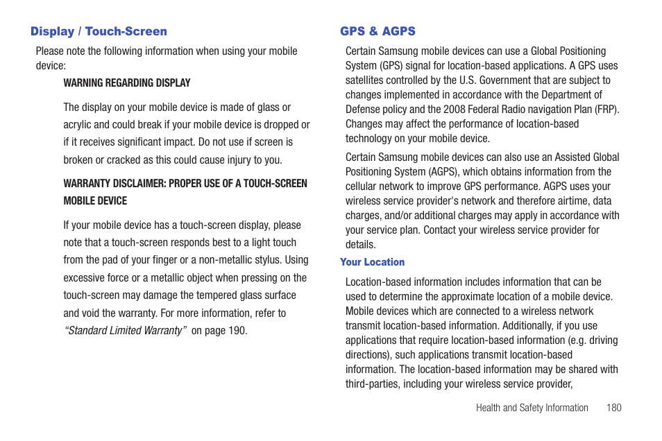 Display / touch-screen, Gps & agps, Display / touch-screen gps & agps | Samsung SGH-I897ZKMATT User Manual | Page 185 / 208