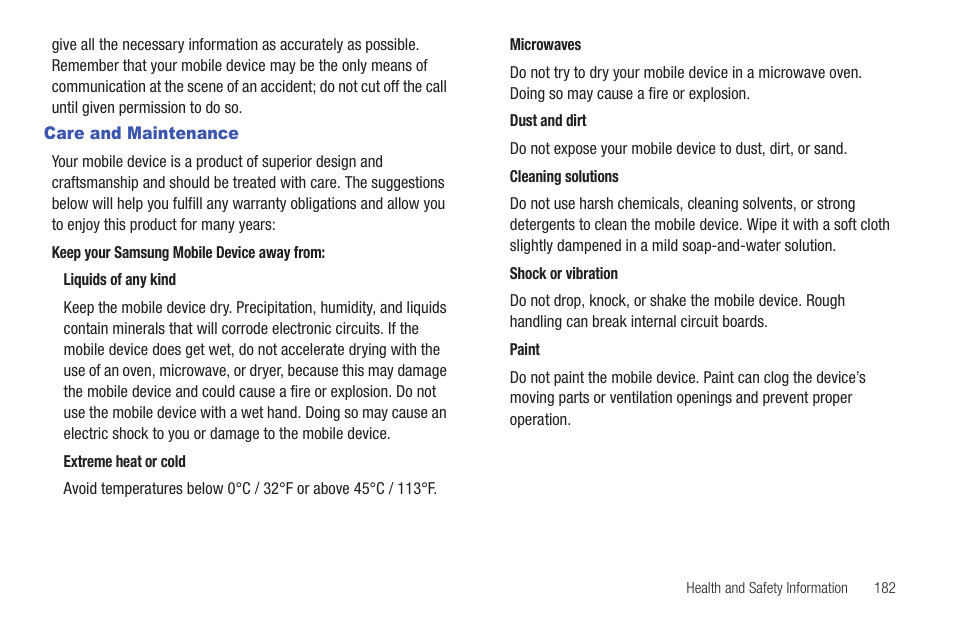 Care and maintenance | Samsung SGH-I897ZKMATT User Manual | Page 187 / 208