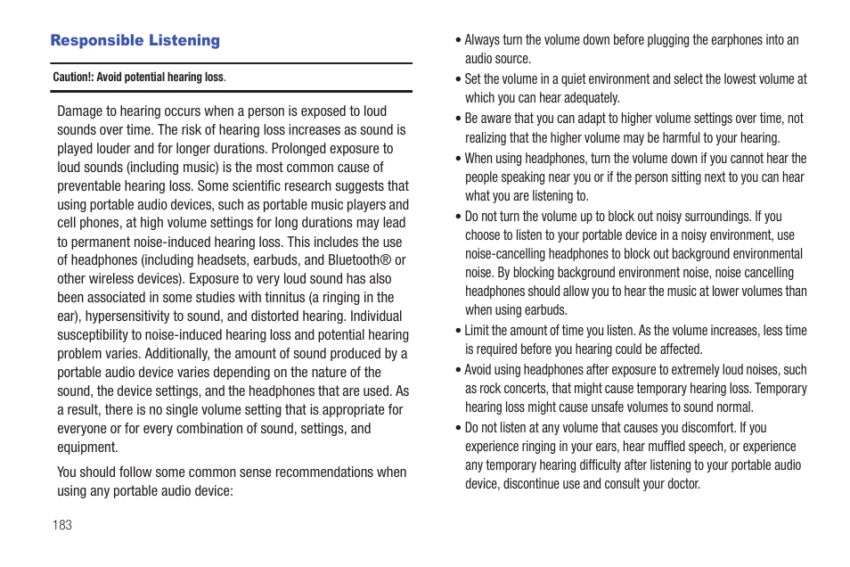 Responsible listening | Samsung SGH-I897ZKMATT User Manual | Page 188 / 208
