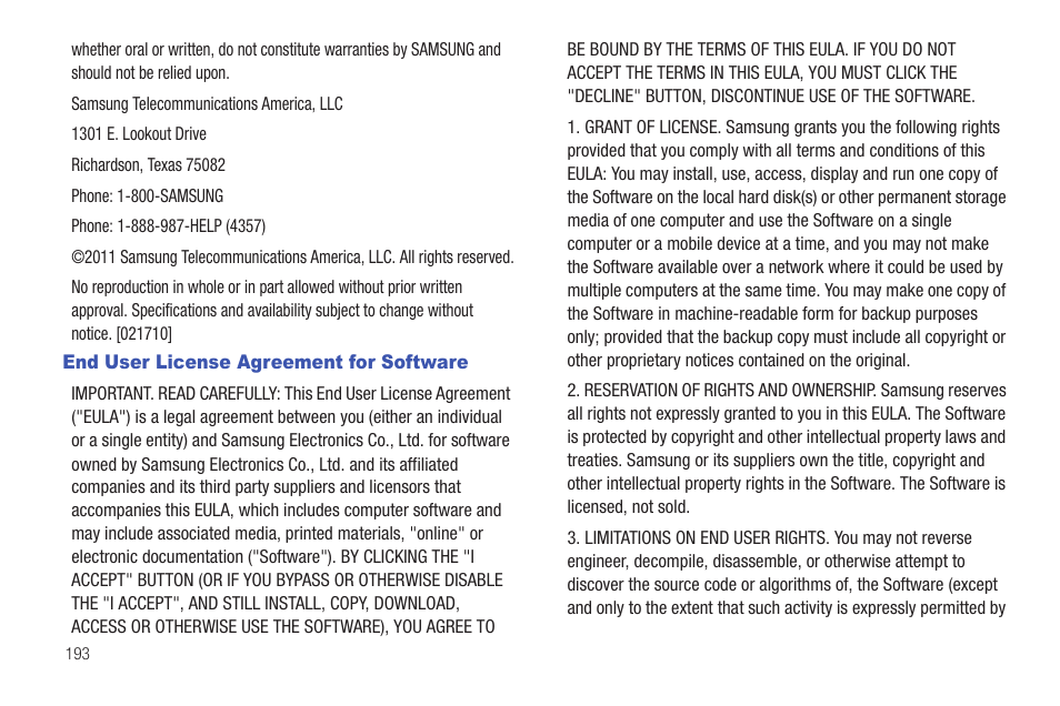 End user license agreement for software | Samsung SGH-I897ZKMATT User Manual | Page 198 / 208