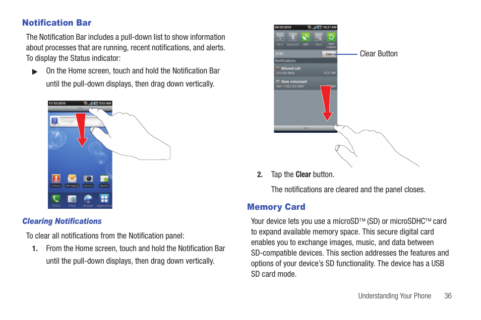 Notification bar, Memory card, Notification bar memory card | Samsung SGH-I897ZKMATT User Manual | Page 41 / 208