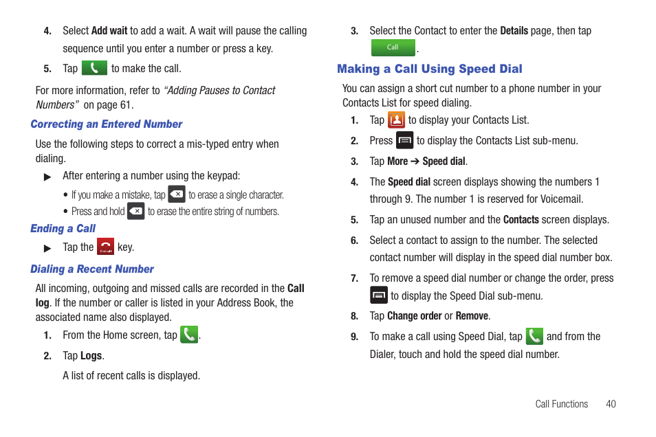 Making a call using speed dial | Samsung SGH-I897ZKMATT User Manual | Page 45 / 208