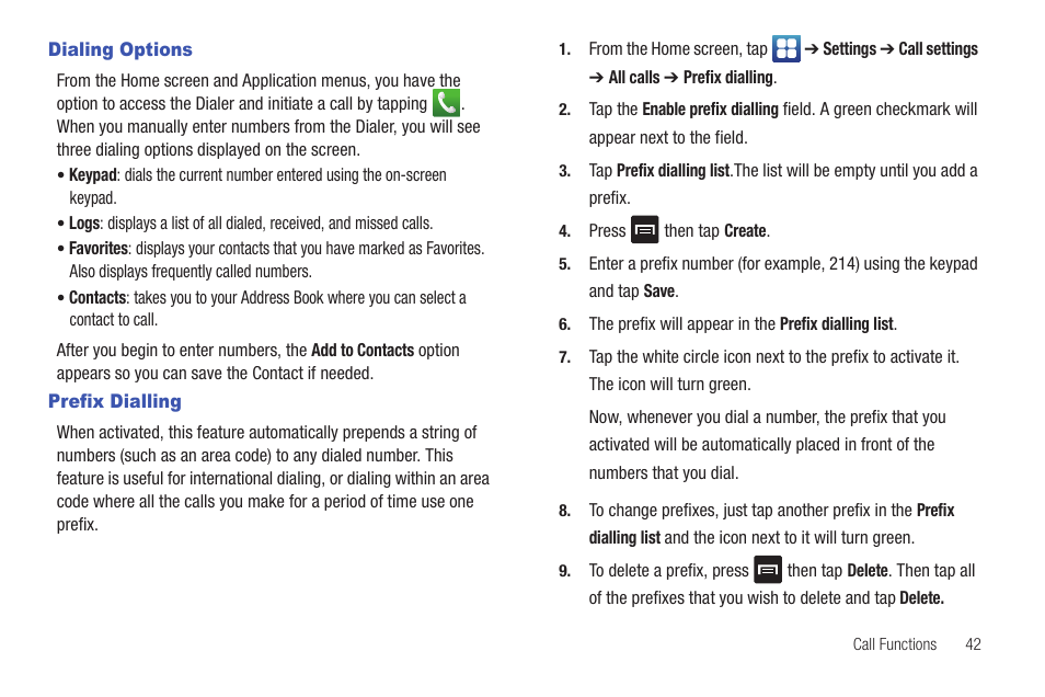 Dialing options, Prefix dialling, Dialing options prefix dialling | Samsung SGH-I897ZKMATT User Manual | Page 47 / 208