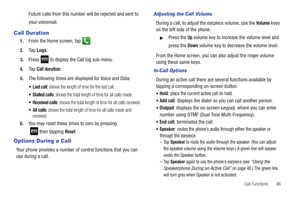 Call duration, Options during a call, Call duration options during a call | Samsung SGH-I897ZKMATT User Manual | Page 51 / 208