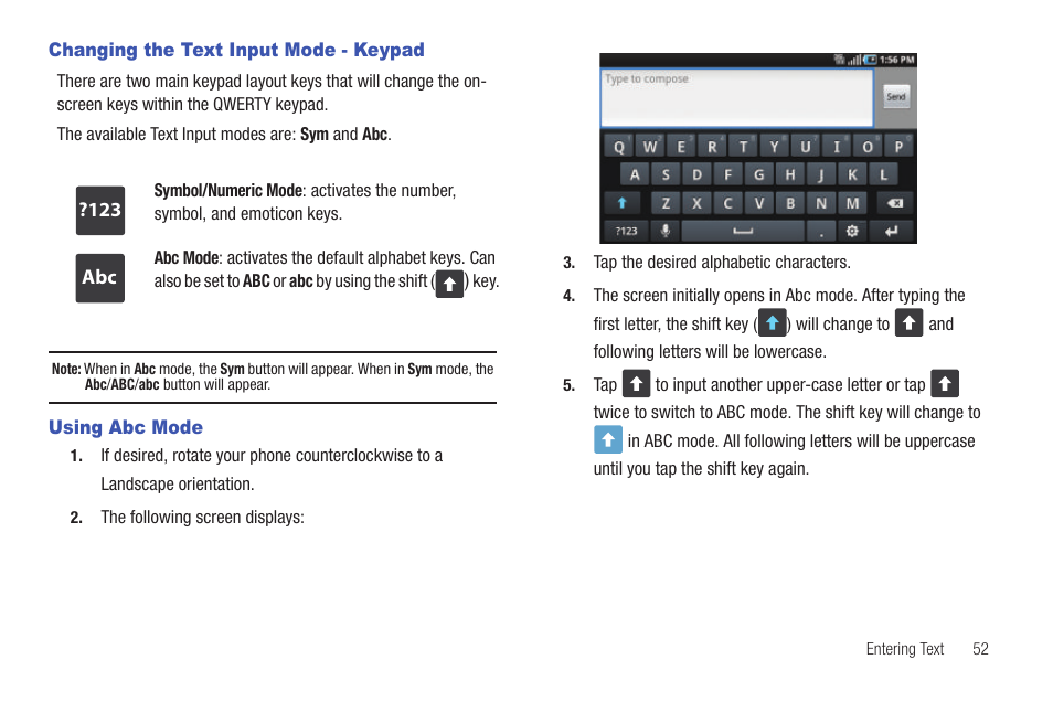 Changing the text input mode - keypad, Using abc mode | Samsung SGH-I897ZKMATT User Manual | Page 57 / 208