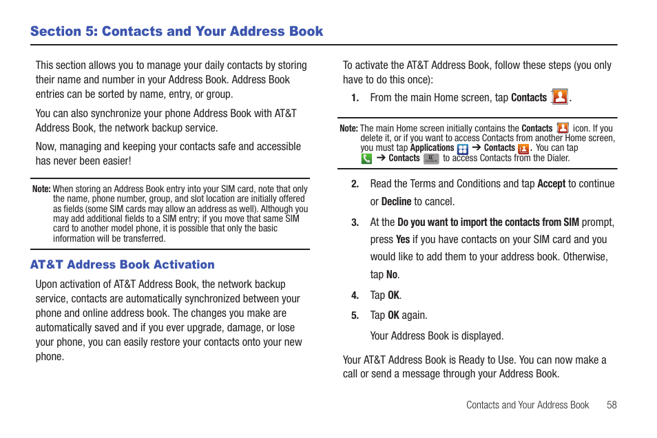 Section 5: contacts and your address book, At&t address book activation | Samsung SGH-I897ZKMATT User Manual | Page 63 / 208