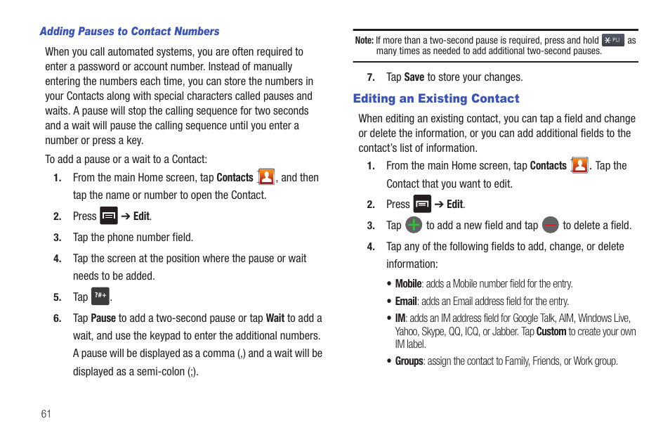 Editing an existing contact | Samsung SGH-I897ZKMATT User Manual | Page 66 / 208