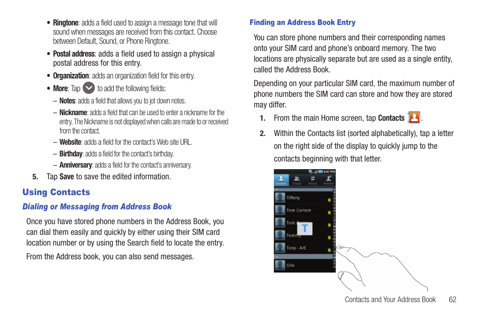 Using contacts | Samsung SGH-I897ZKMATT User Manual | Page 67 / 208