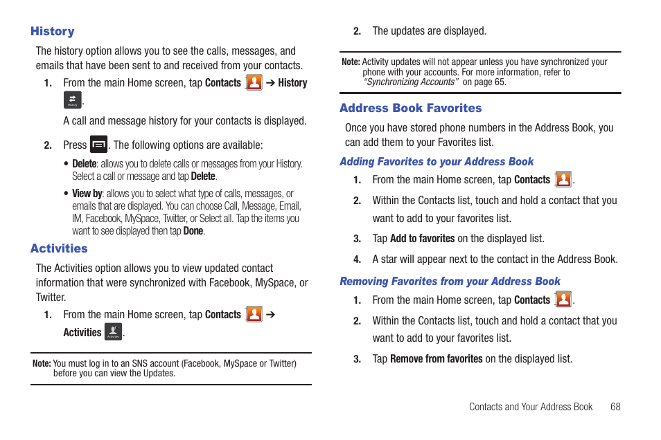 History, Activities, Address book favorites | History activities address book favorites | Samsung SGH-I897ZKMATT User Manual | Page 73 / 208