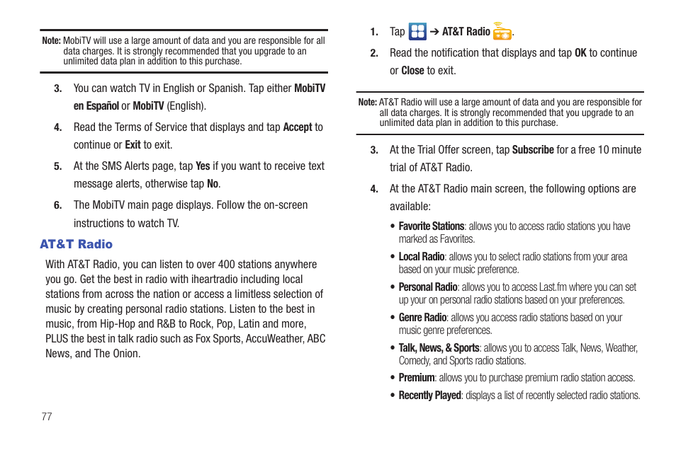 At&t radio | Samsung SGH-I897ZKMATT User Manual | Page 82 / 208