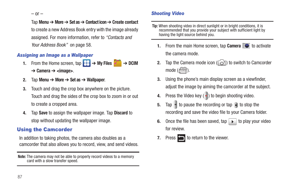 Using the camcorder | Samsung SGH-I897ZKMATT User Manual | Page 92 / 208