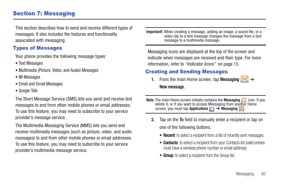 Section 7: messaging, Types of messages, Creating and sending messages | Types of messages creating and sending messages, For more | Samsung SGH-I897ZKMATT User Manual | Page 97 / 208