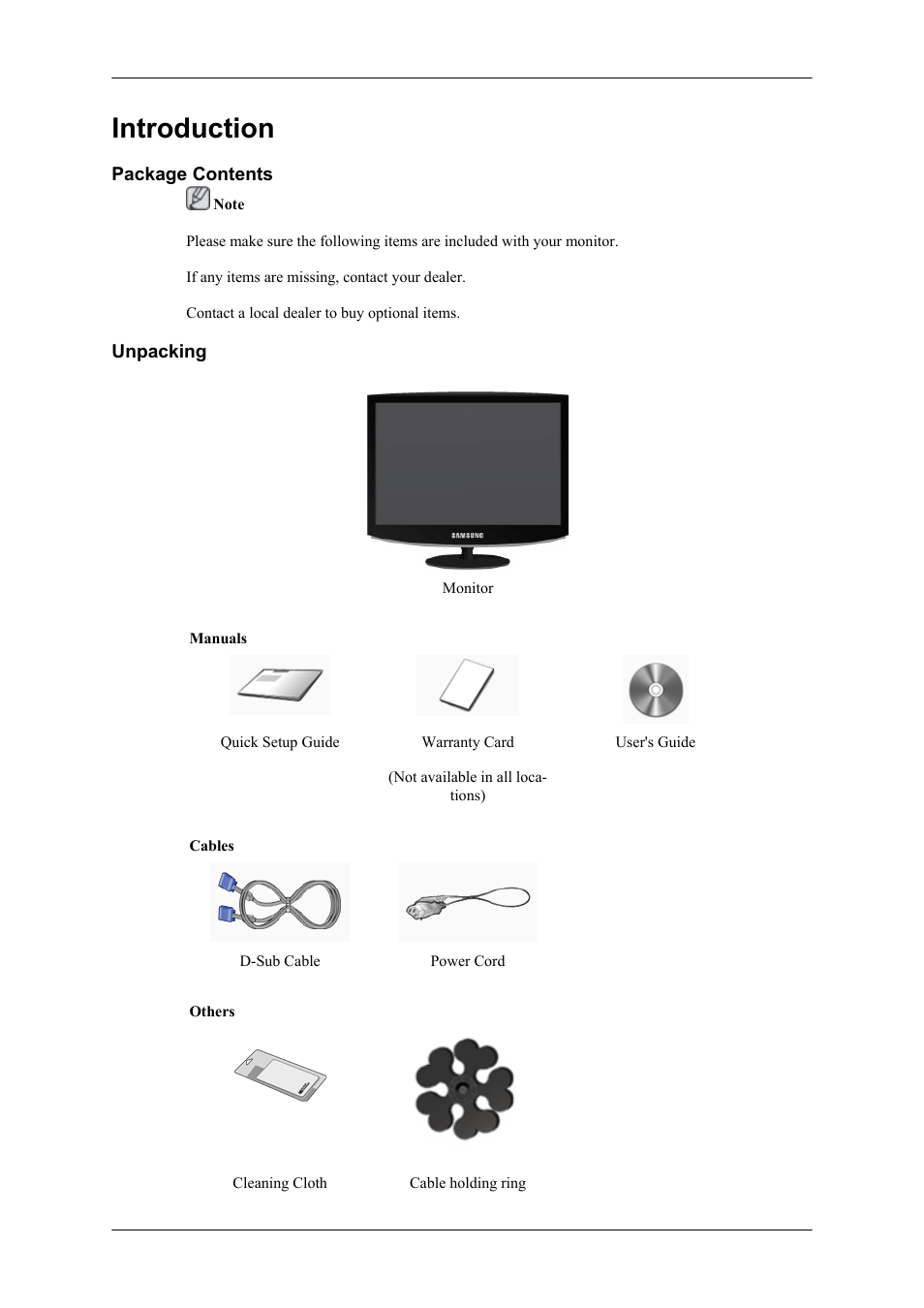 Introduction, Package contents, Unpacking | Samsung LS19CMYKF-ZA User Manual | Page 10 / 59