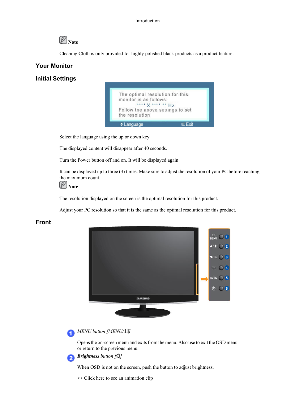 Your monitor, Initial settings, Front | Samsung LS19CMYKF-ZA User Manual | Page 11 / 59