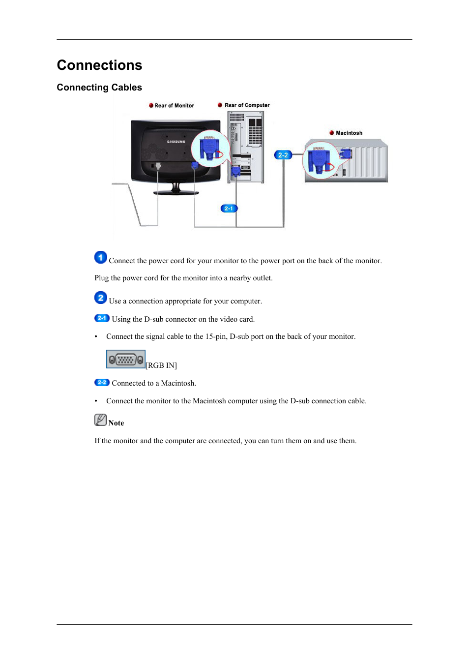 Connections, Connecting cables | Samsung LS19CMYKF-ZA User Manual | Page 14 / 59