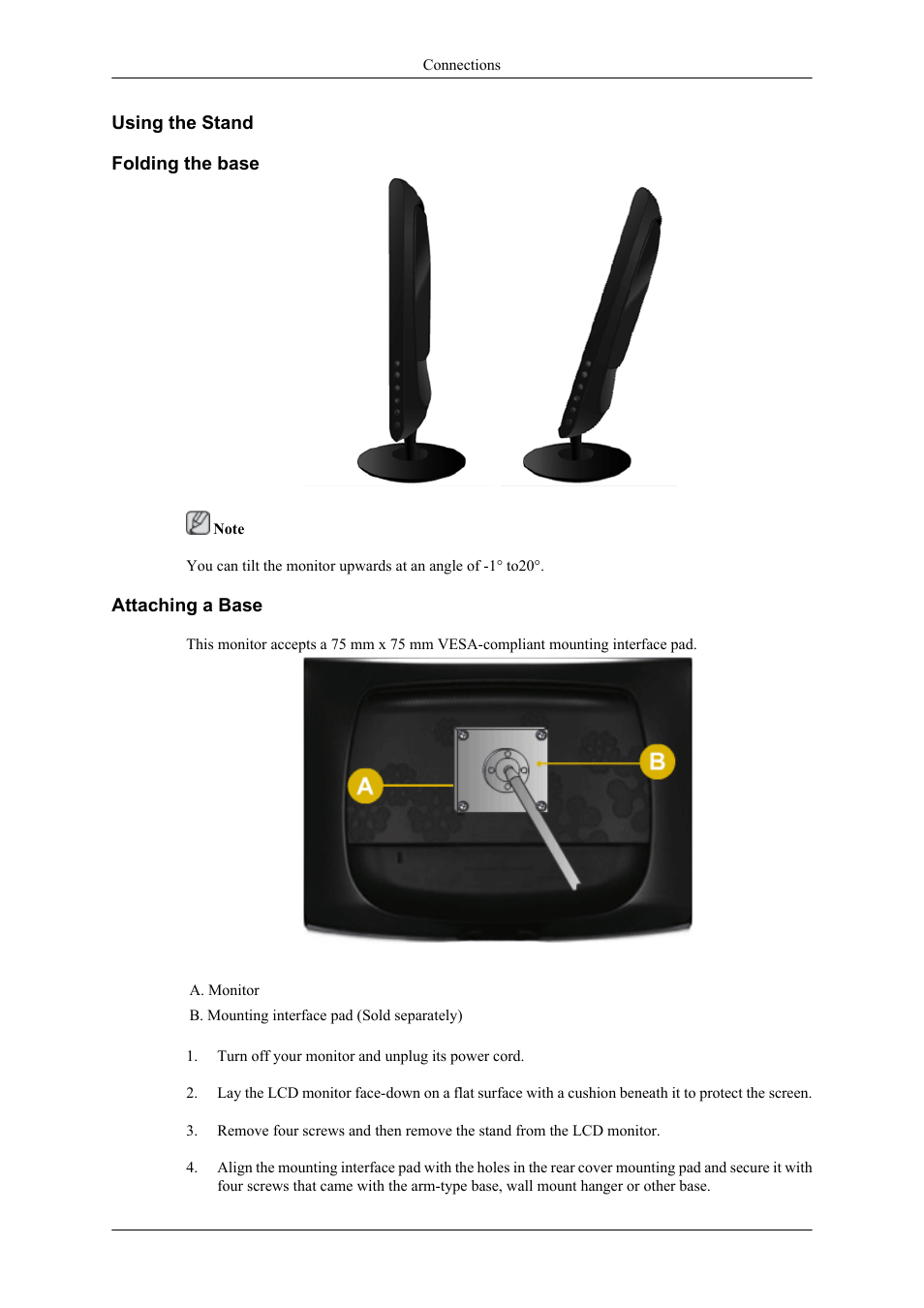 Using the stand, Folding the base, Attaching a base | Samsung LS19CMYKF-ZA User Manual | Page 15 / 59