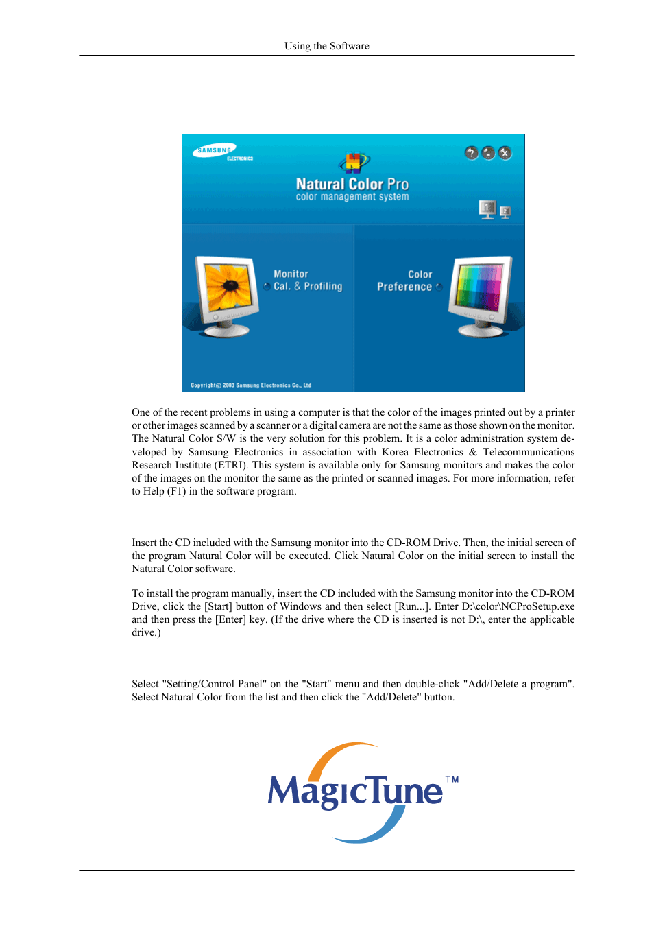 Natural color, Natural color software program, How to install the natural color software | How to delete the natural color software program, Magictune | Samsung LS19CMYKF-ZA User Manual | Page 25 / 59