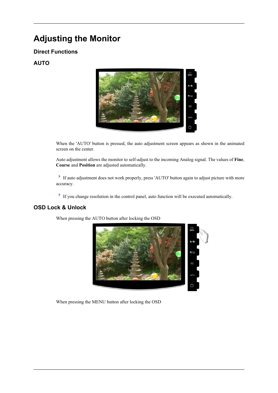 Adjusting the monitor, Direct functions, Auto | Osd lock & unlock | Samsung LS19CMYKF-ZA User Manual | Page 29 / 59