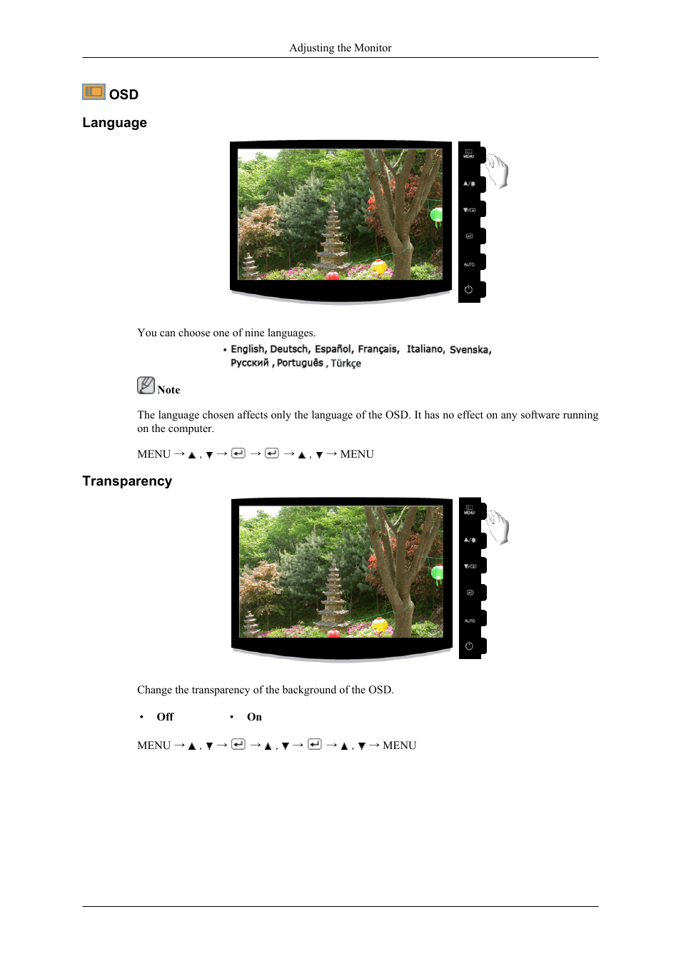 Language, Transparency | Samsung LS19CMYKF-ZA User Manual | Page 38 / 59