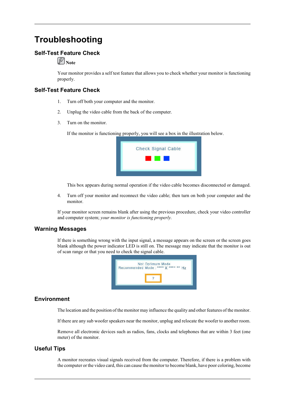 Troubleshooting, Self-test feature check, Warning messages | Environment, Useful tips | Samsung LS19CMYKF-ZA User Manual | Page 42 / 59