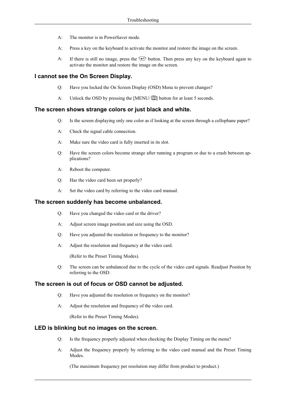 I cannot see the on screen display, The screen suddenly has become unbalanced, Led is blinking but no images on the screen | Samsung LS19CMYKF-ZA User Manual | Page 44 / 59