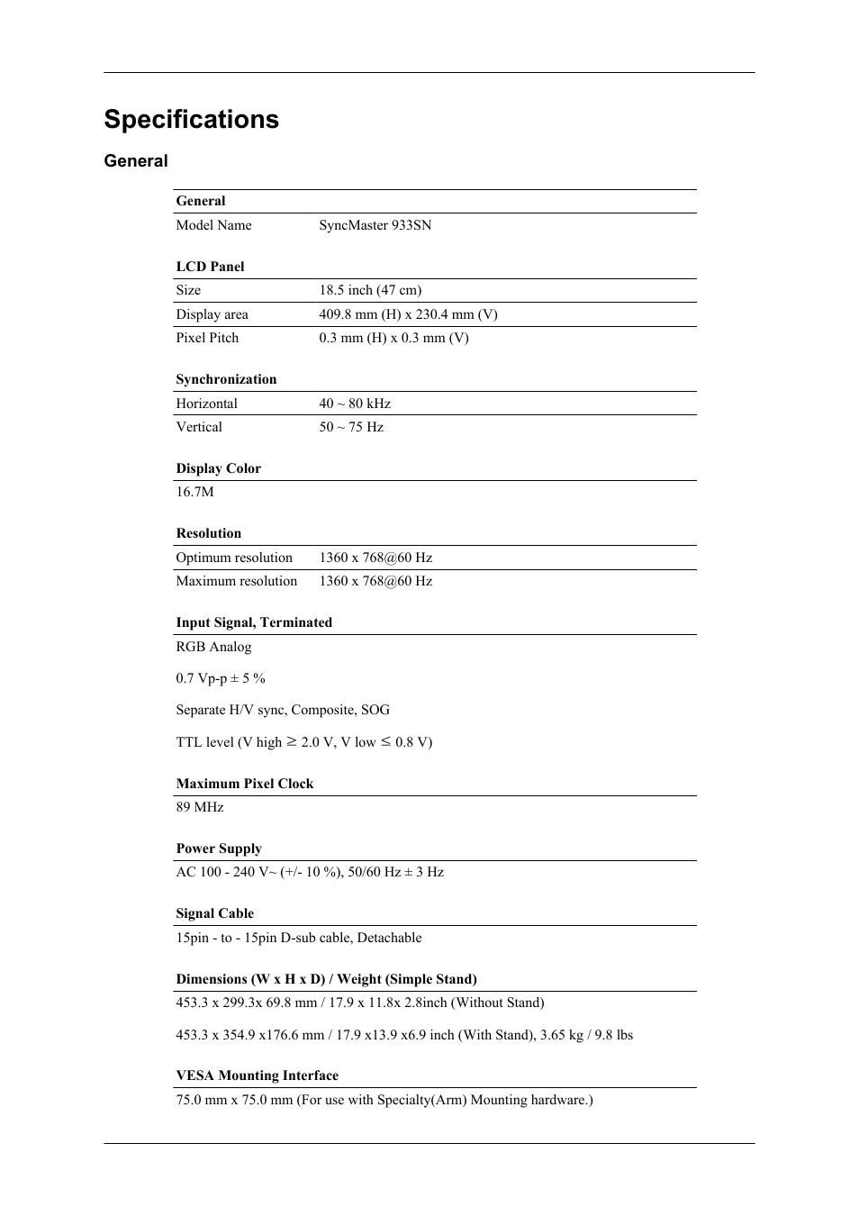 Specifications, General | Samsung LS19CMYKF-ZA User Manual | Page 48 / 59