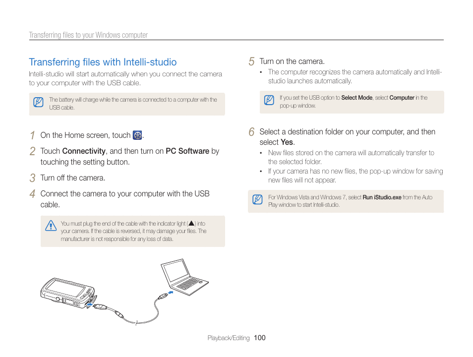 Transferring files with intelli-studio, Transferring ﬁles with intelli-studio, Transferring ﬁles with intelli-studio ……… 100 | Samsung EC-ST65ZZBPSUS User Manual | Page 101 / 142