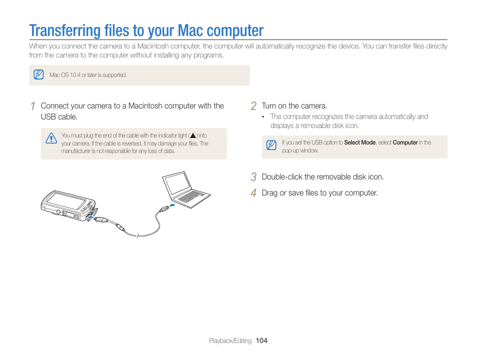 Transferring files to your mac computer, Transferring ﬁles to your mac computer, Transferring ﬁles to your | Mac computer | Samsung EC-ST65ZZBPSUS User Manual | Page 105 / 142