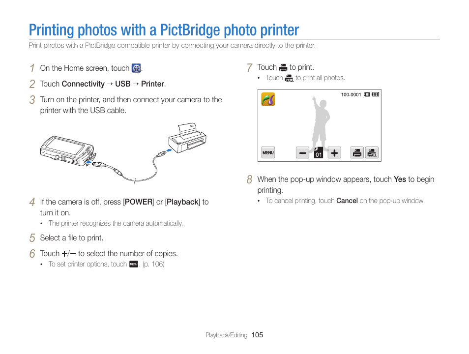 Printing photos with a pictbridge photo printer, Printing photos with a pictbridge, Photo printer | Samsung EC-ST65ZZBPSUS User Manual | Page 106 / 142