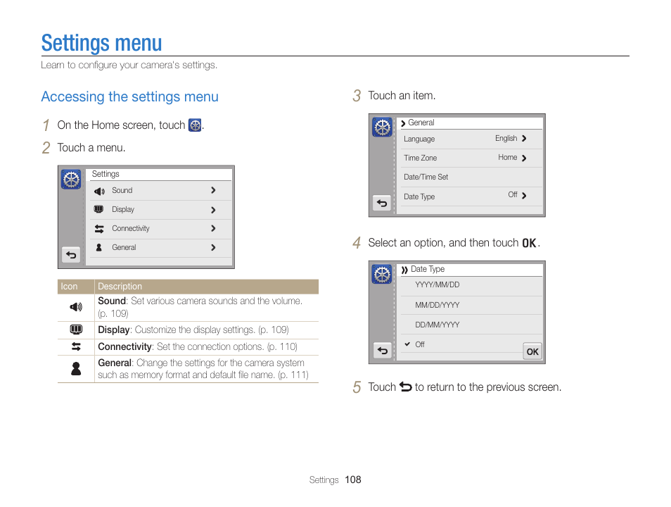 Settings menu, Accessing the settings menu, Accessing the settings menu ……………………… 108 | Samsung EC-ST65ZZBPSUS User Manual | Page 109 / 142