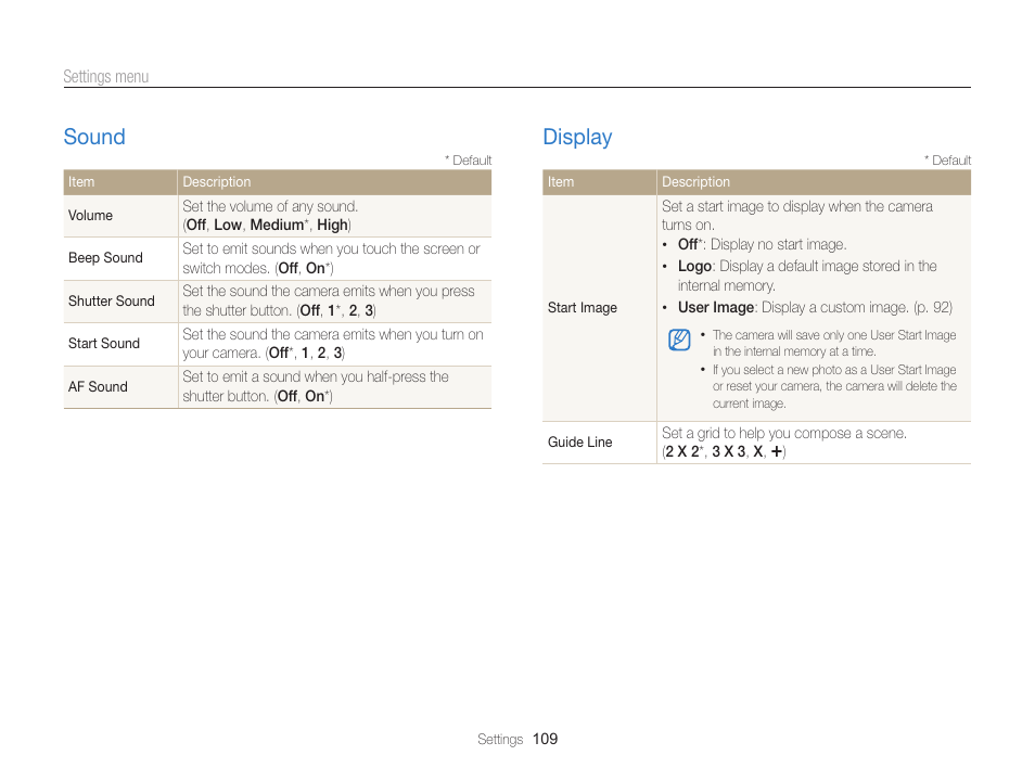 Sound, Display, Sound ……………………………………………… 109 | Display ……………………………………………… 109 | Samsung EC-ST65ZZBPSUS User Manual | Page 110 / 142