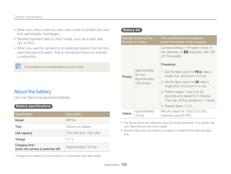 About the battery, About the battery …………………………………… 120 | Samsung EC-ST65ZZBPSUS User Manual | Page 121 / 142