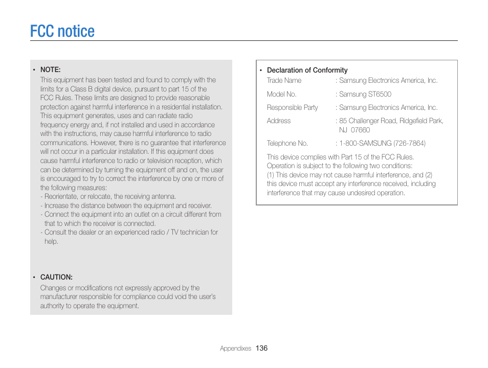 Fcc notice | Samsung EC-ST65ZZBPSUS User Manual | Page 137 / 142