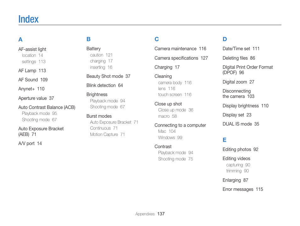 Index | Samsung EC-ST65ZZBPSUS User Manual | Page 138 / 142