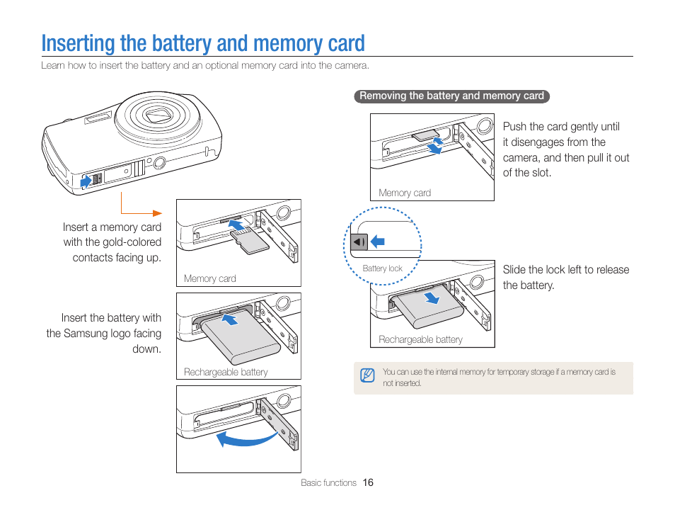 Inserting the battery and memory card | Samsung EC-ST65ZZBPSUS User Manual | Page 17 / 142