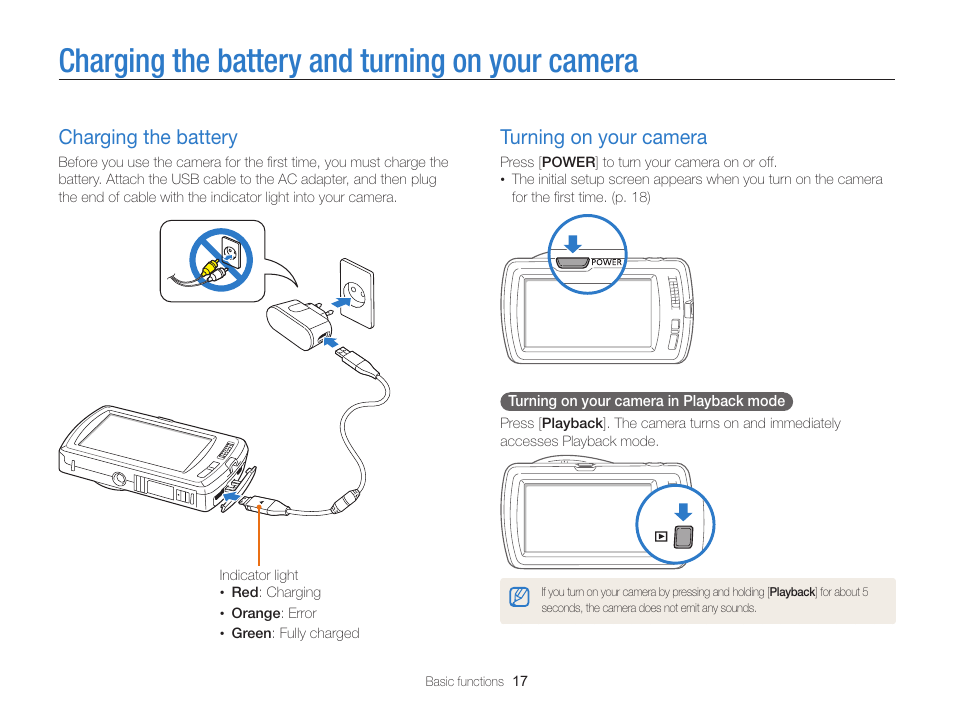 Charging the battery and turning on your camera, Charging the battery, Turning on your camera | Charging the battery and turning, On your camera, Charging the battery ……………………… 17, Turning on your camera ………………… 17 | Samsung EC-ST65ZZBPSUS User Manual | Page 18 / 142