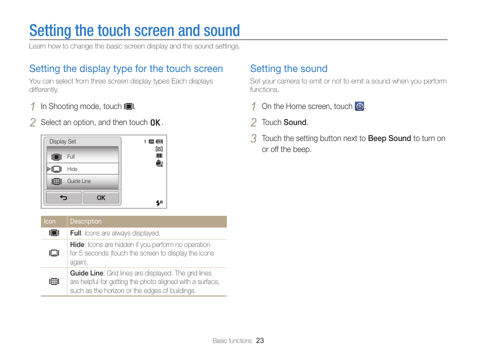 Setting the touch screen and sound, Setting the display type for the touch screen, Setting the sound | Setting the display type for, The touch screen ………………………… 23, Setting the sound ………………………… 23 | Samsung EC-ST65ZZBPSUS User Manual | Page 24 / 142