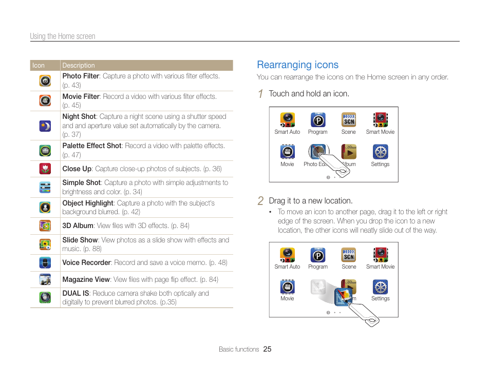 Rearranging icons, Rearranging icons ………………………… 25 | Samsung EC-ST65ZZBPSUS User Manual | Page 26 / 142