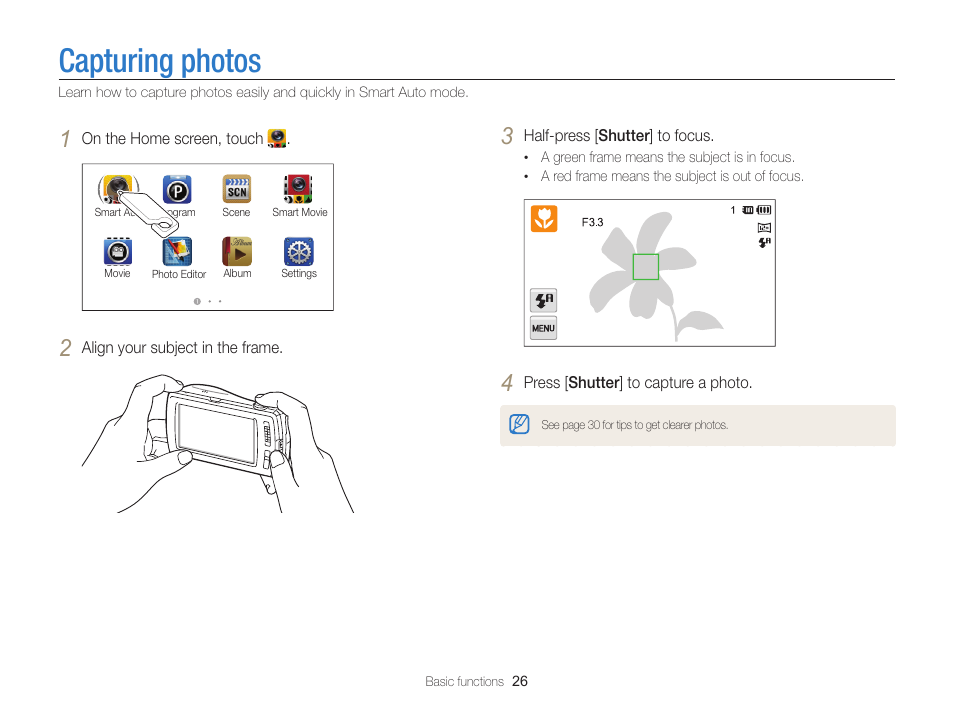 Capturing photos | Samsung EC-ST65ZZBPSUS User Manual | Page 27 / 142