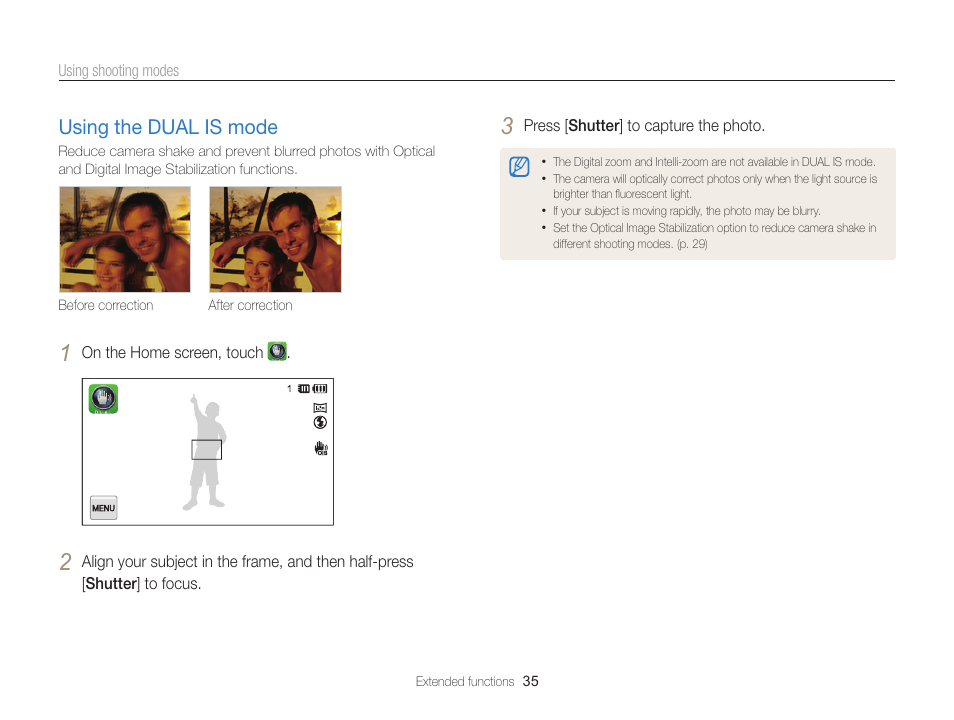 Using the dual is mode, Use the dual is mode. (p. 35), Using the dual is mode ………………… 35 | Samsung EC-ST65ZZBPSUS User Manual | Page 36 / 142