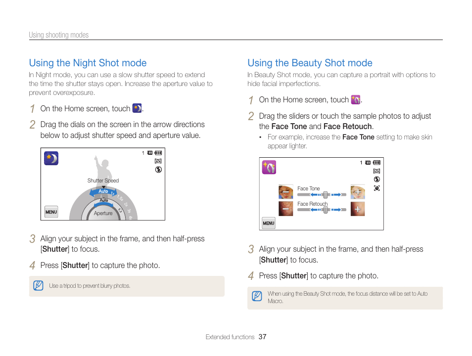 Using the night shot mode, Using the beauty shot mode, Select night shot mode. (p. 37) | Using the night shot mode ……………… 37, Using the beauty shot mode …………… 37 | Samsung EC-ST65ZZBPSUS User Manual | Page 38 / 142