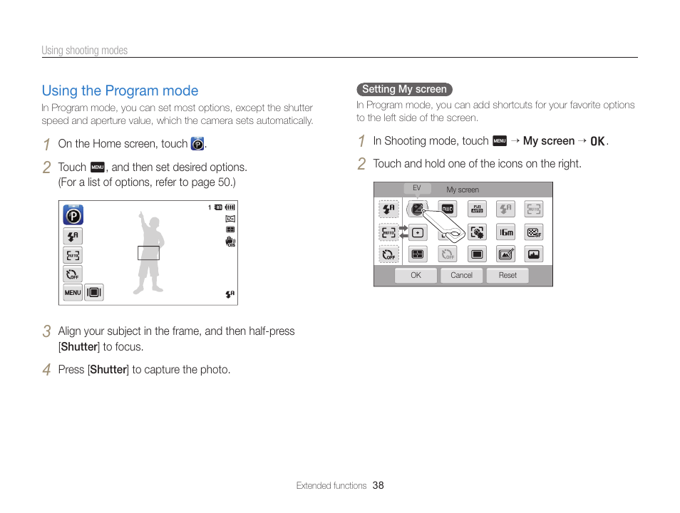 Using the program mode, Using the program mode ………………… 38 | Samsung EC-ST65ZZBPSUS User Manual | Page 39 / 142