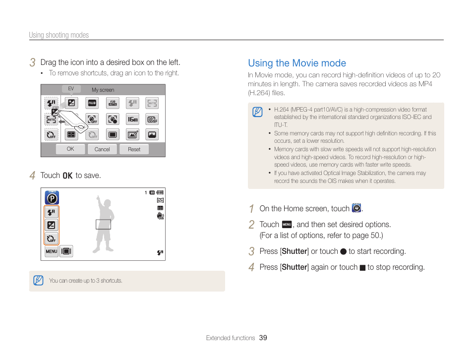 Using the movie mode, Using the movie mode …………………… 39 | Samsung EC-ST65ZZBPSUS User Manual | Page 40 / 142