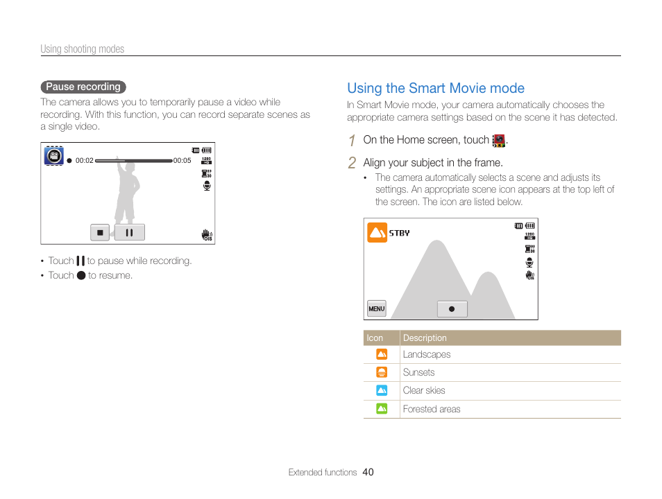 Using the smart movie mode, Using the smart movie mode …………… 40 | Samsung EC-ST65ZZBPSUS User Manual | Page 41 / 142