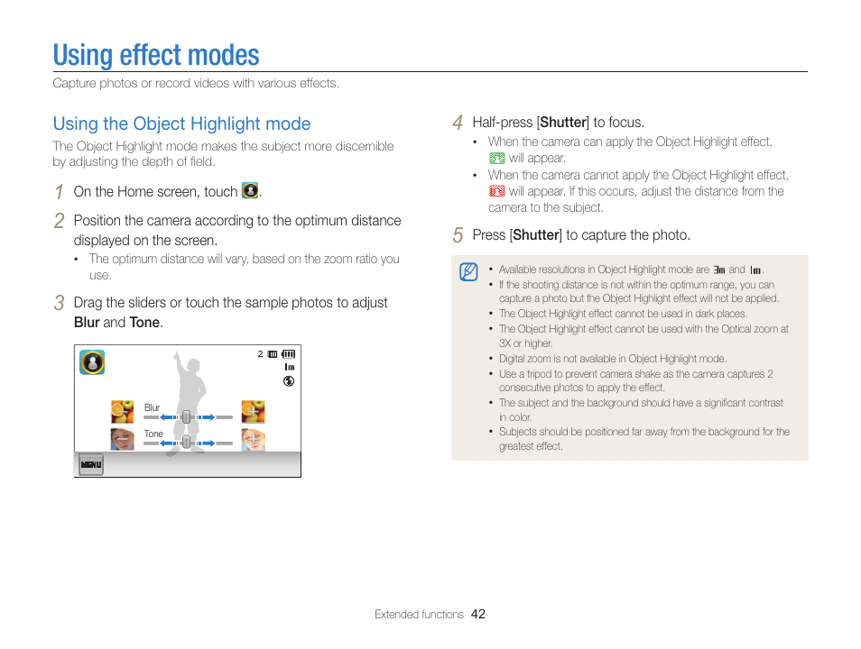 Using effect modes, Using the object highlight mode, Using the object highlight mode ………… 42 | Samsung EC-ST65ZZBPSUS User Manual | Page 43 / 142