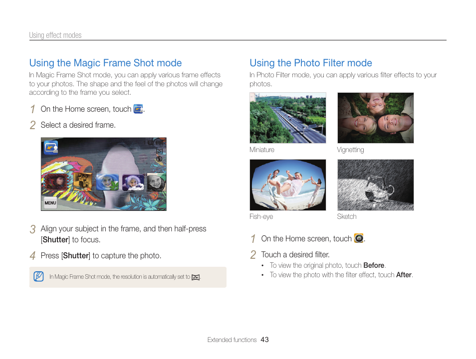 Using the magic frame shot mode, Using the photo filter mode, Using the magic frame shot mode ……… 43 | Using the photo filter mode ……………… 43 | Samsung EC-ST65ZZBPSUS User Manual | Page 44 / 142