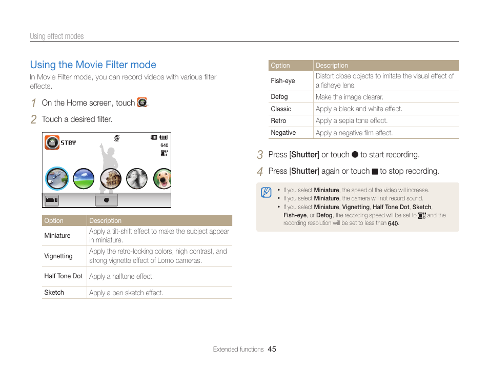 Using the movie filter mode, Using the movie filter mode ……………… 45 | Samsung EC-ST65ZZBPSUS User Manual | Page 46 / 142