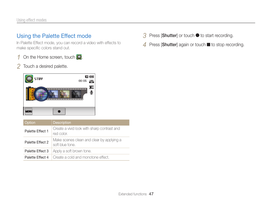 Using the palette effect mode, Using the palette effect mode …………… 47 | Samsung EC-ST65ZZBPSUS User Manual | Page 48 / 142