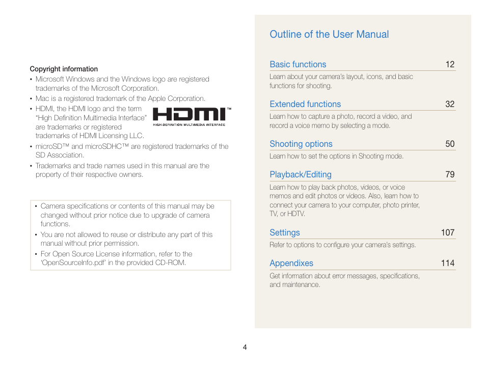 Outline of the user manual | Samsung EC-ST65ZZBPSUS User Manual | Page 5 / 142