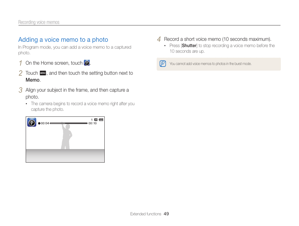 Adding a voice memo to a photo, Adding a voice memo to a photo ………… 49 | Samsung EC-ST65ZZBPSUS User Manual | Page 50 / 142